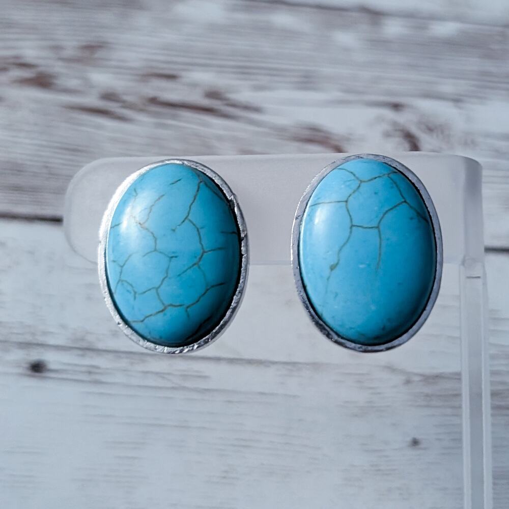 Vintage Clip On Earrings Turquoise Tone Large Oval Silver Tone Halo Statement